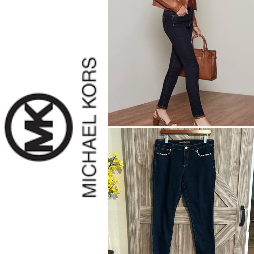 Micheal Kors Selma Women’s Skinny Ankle Jeans with gold beaded pockets